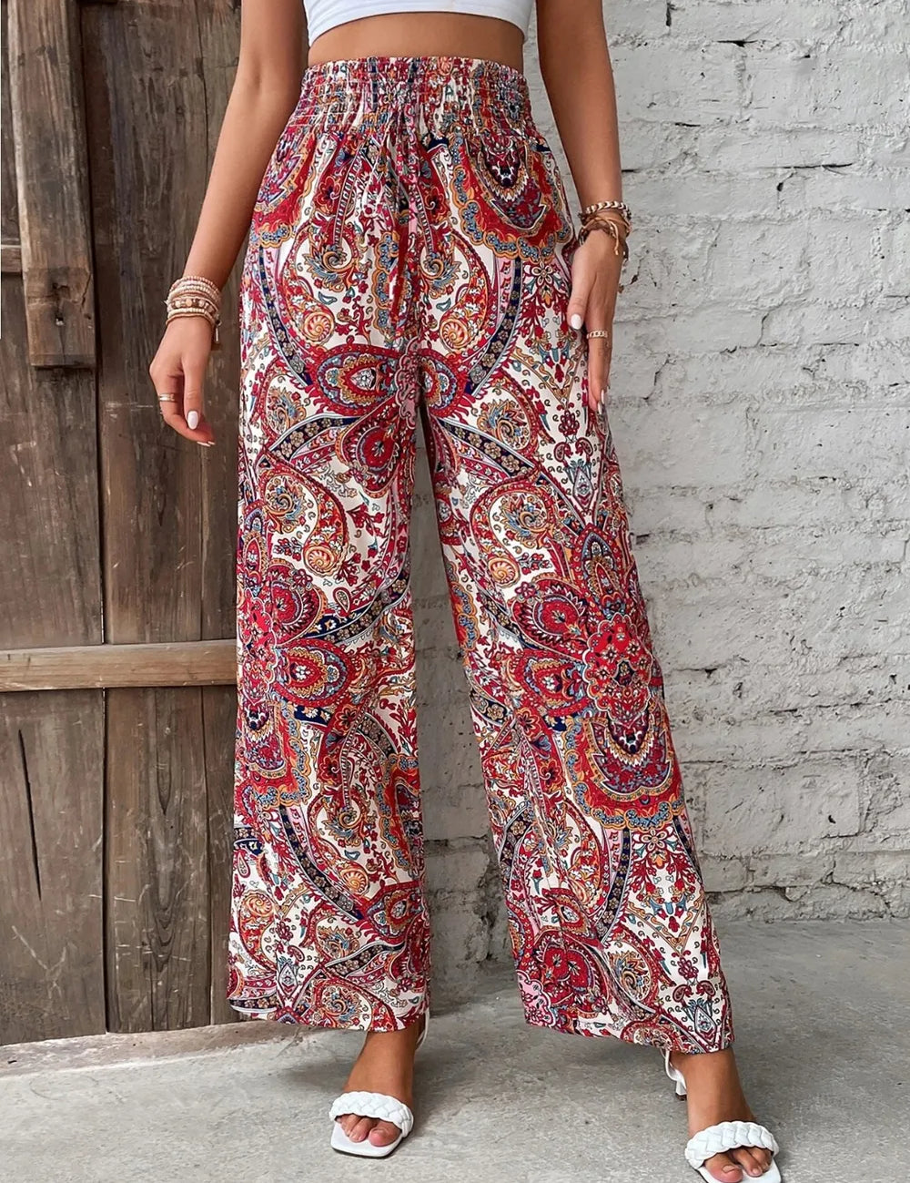 Deep Red Printed Wide Leg Pants | Pants Daverri Fashions