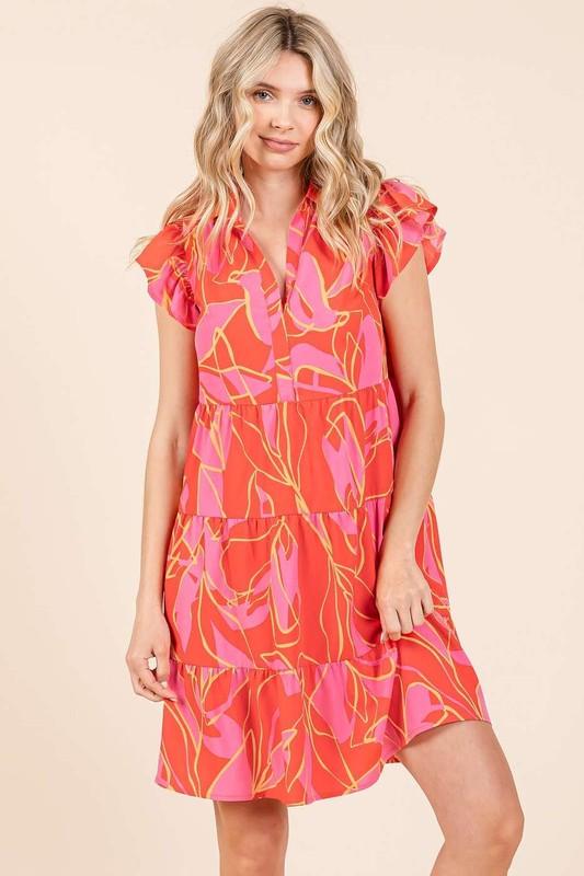 Coral Mittoshop Leaf Print Ruffle Sleeve Tiered Mini Dress | Mini Dresses Daverri Fashions