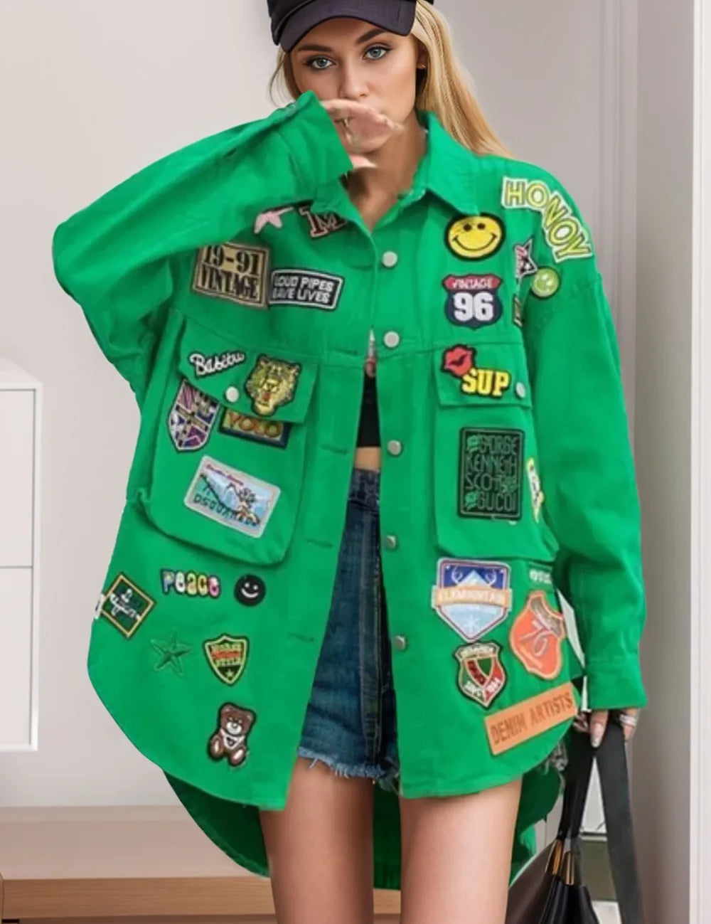 Green Embroidered Patch Button Up Long Sleeve Denim Jacket | Denim Jackets Daverri Fashions