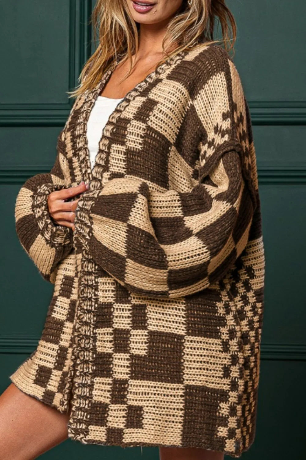 Checkered Open Front Long Sleeve Cardigan | Cardigans Daverri Fashions