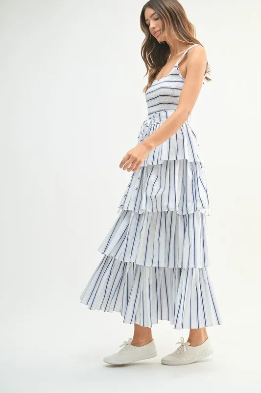 MABLE Pin Stripe Smocked Bodice Layered Midi Dress | Daverri Fashions