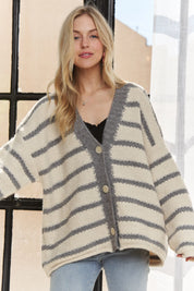 ADORA Horizontally Striped Button Up Cardigan | Cardigans Daverri Fashions