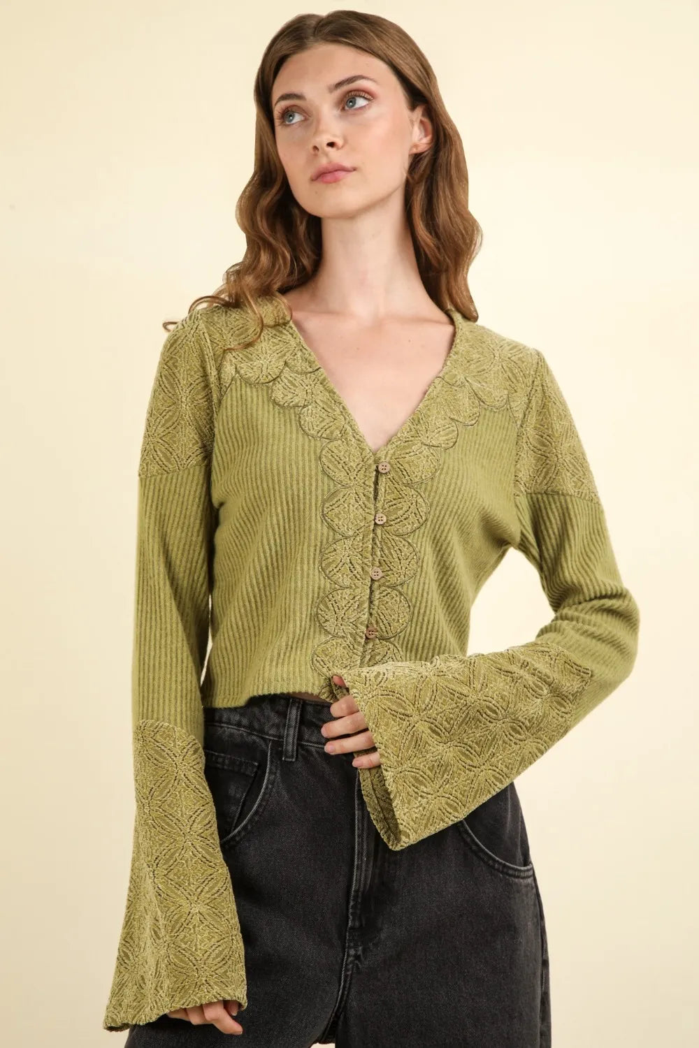 VERY J V-Neck Lace Detail Button Down Crop Ribbed Knit Top | Knit Tops Daverri Fashions