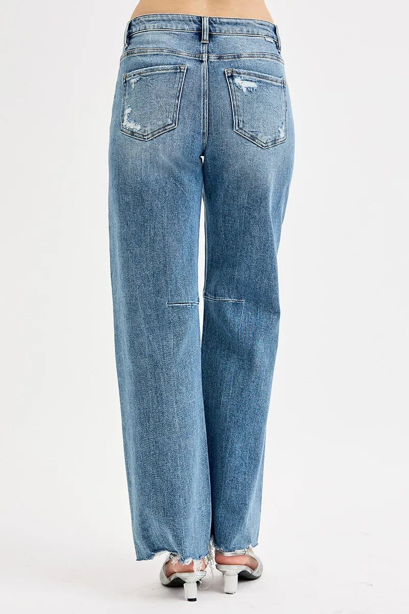 RISEN Full Size Mid Rise Fit Wide Baggy Leg Tie Washed Jeans Plus Size | Jeans Daverri Fashions