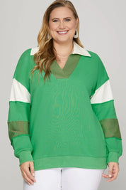 She + Sky Color Block Sleeve Johnny Collar French Terry Sweatshirt | Sweatshirts Daverri Fashions