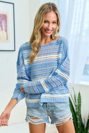 First Love Striped Long Sleeve Openwork Knit Top | Sweaters Daverri Fashions