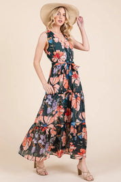 Lime 'N' Chili Floral Print Sleeveless Tie Waist Maxi Dress | Daverri Fashions