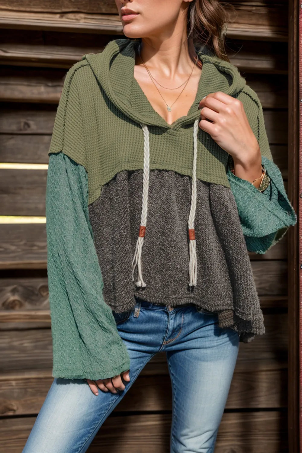 Moss Waffle-Knit High-Low Color Block Hooded Long Sleeve Top | Tops Daverri Fashions