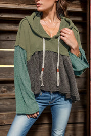 Moss Waffle-Knit High-Low Color Block Hooded Long Sleeve Top | Tops Daverri Fashions