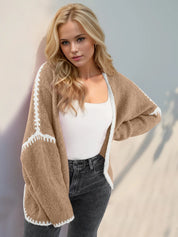 Tan Double Take Contrast Open Front Dropped Shoulder Cardigan | Cardigans Daverri Fashions
