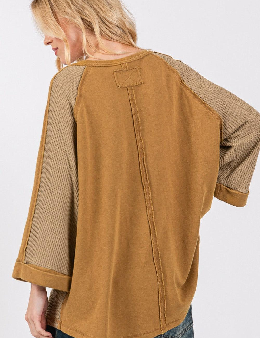 SAGE + FIG Star Applique Patch Exposed Seam Waffle Knit Top | Tops Daverri Fashions