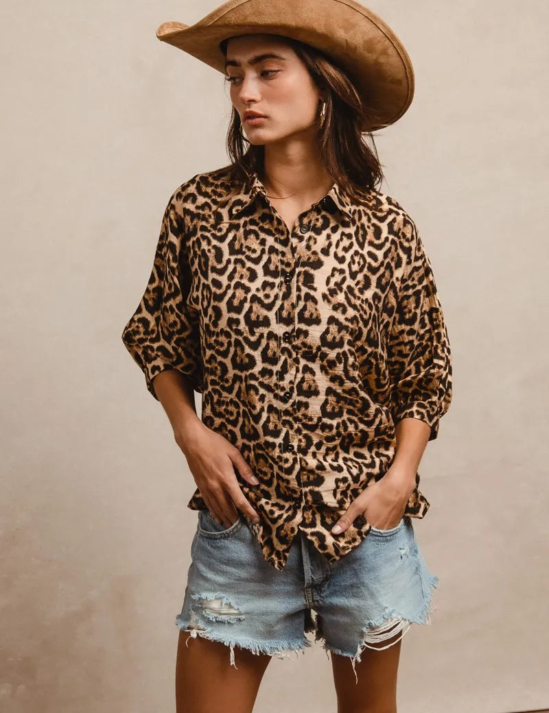 LEOPARD BiBi Leopard Prints Oversized Short Sleeves Top | Tops Daverri Fashions