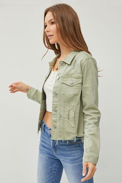 RISEN Full Size Raw Hem Button Up Cropped Denim Jacket Plus Size | Daverri Fashions