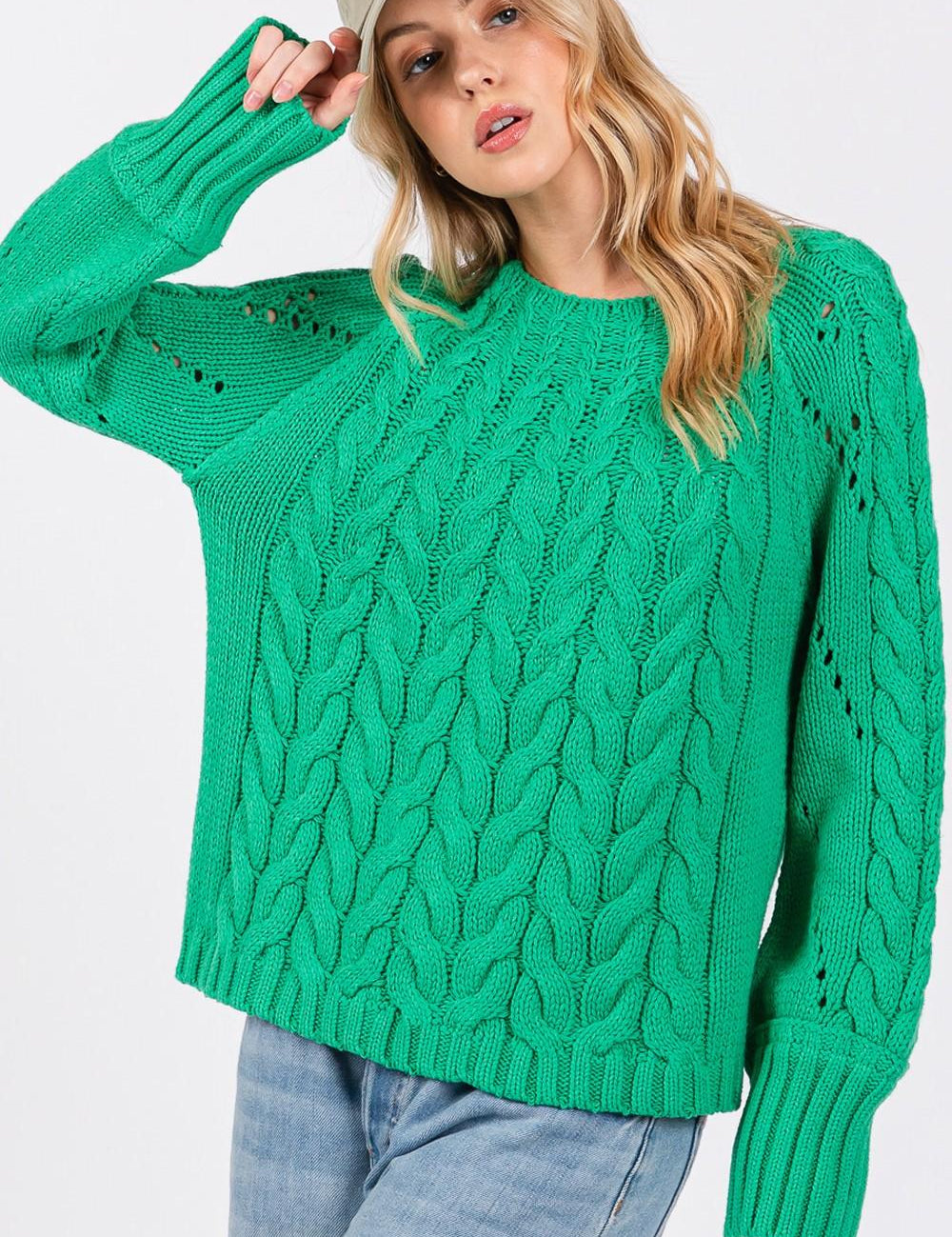 Emerald SAGE + FIG Cable-Knit Long Sleeve Sweater Green | Sweaters Daverri Fashions