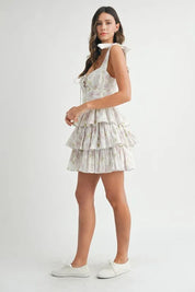 MABLE Floral Print Shoulder Tie Layered Mini Dress | Daverri Fashions
