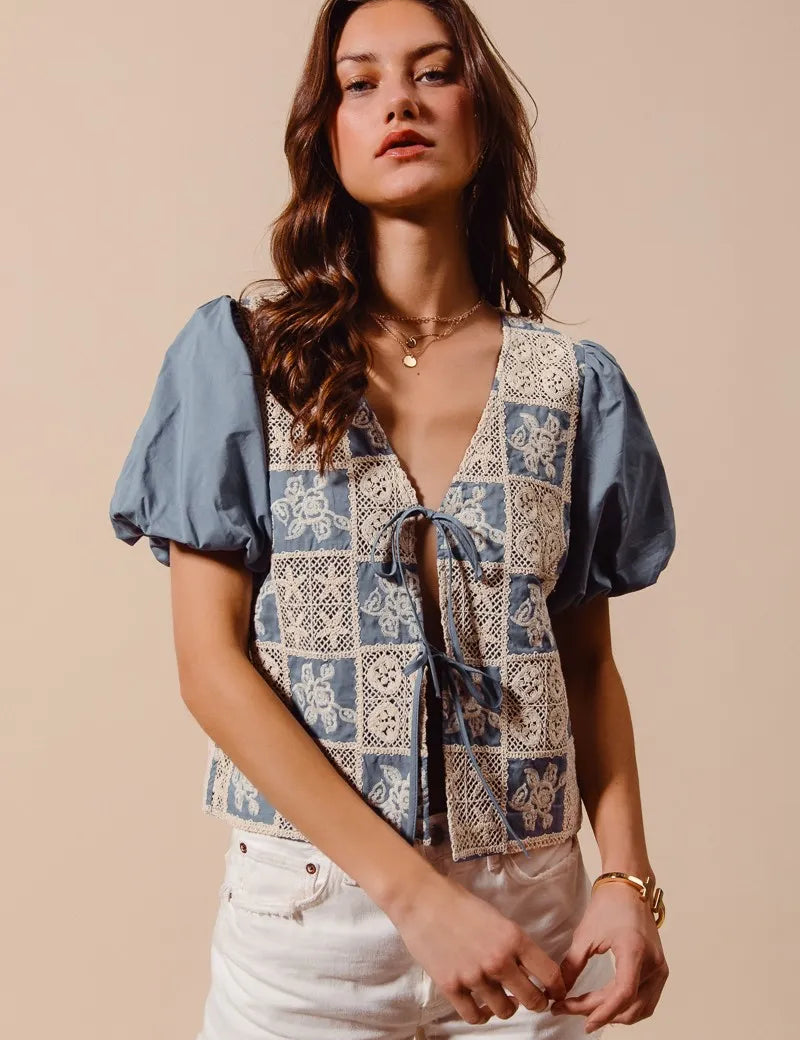 DENIM BLUE SO ME Crochet Lace Tie Front V Neck Blouse Top | Daverri Fashions