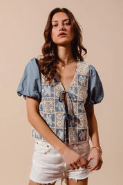 DENIM BLUE SO ME Crochet Lace Tie Front V Neck Blouse Top | Daverri Fashions