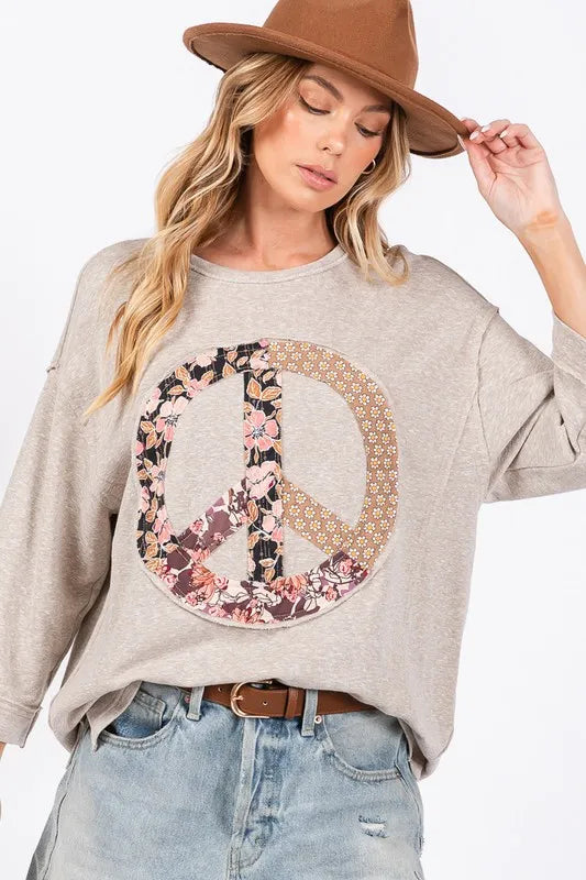 SAGE + FIG Floral Peace Patch Round Neck Top | Tops Daverri Fashions