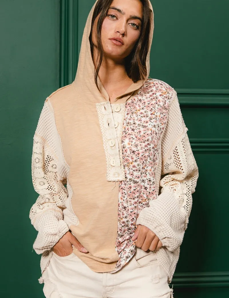TAUPE BiBi Slub Jersey with Lace Combo Buttoned Hoodie Top | Hoodies Daverri Fashions