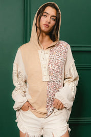 TAUPE BiBi Slub Jersey with Lace Combo Buttoned Hoodie Top | Hoodies Daverri Fashions