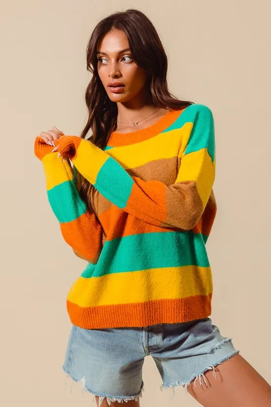 SO ME Multi Color Stripe Sweater with Ribbed Detail | Sweaters Daverri Fashions