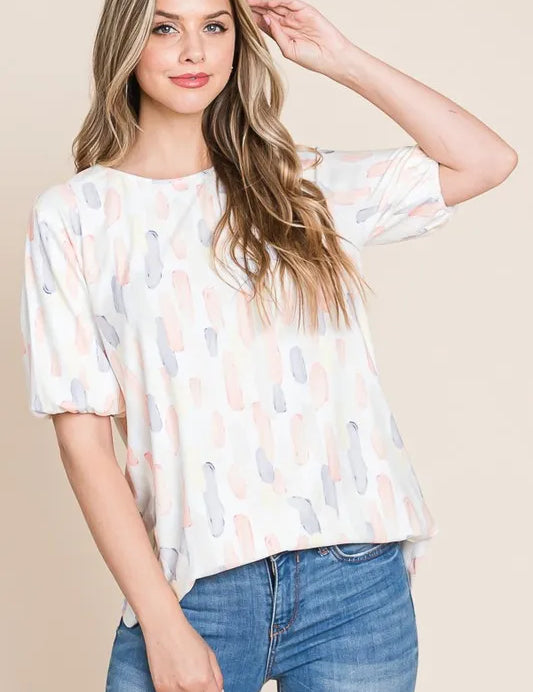 Blush Pink BOMBOM Round Neck Puff Short Sleeve Blouse | Daverri Fashions