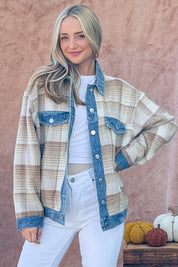 And The Why Full Size Washed Denim Detail Brushed Plaid Jacket | Daverri Fashions