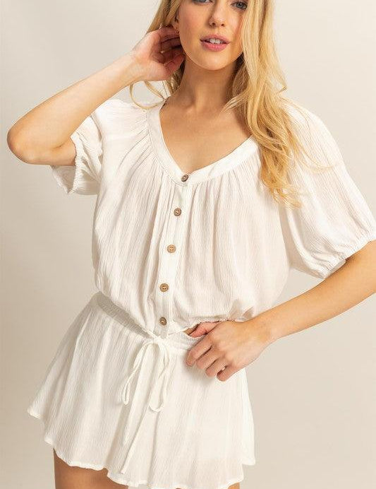 Off White HYFVE Drawstring Hem Short Sleeve Top and Skort Set | Outfit Sets Daverri Fashions