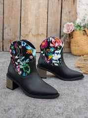 Black Roxy Floral Embroidered Western Ankle Boots | Boots Daverri Fashions