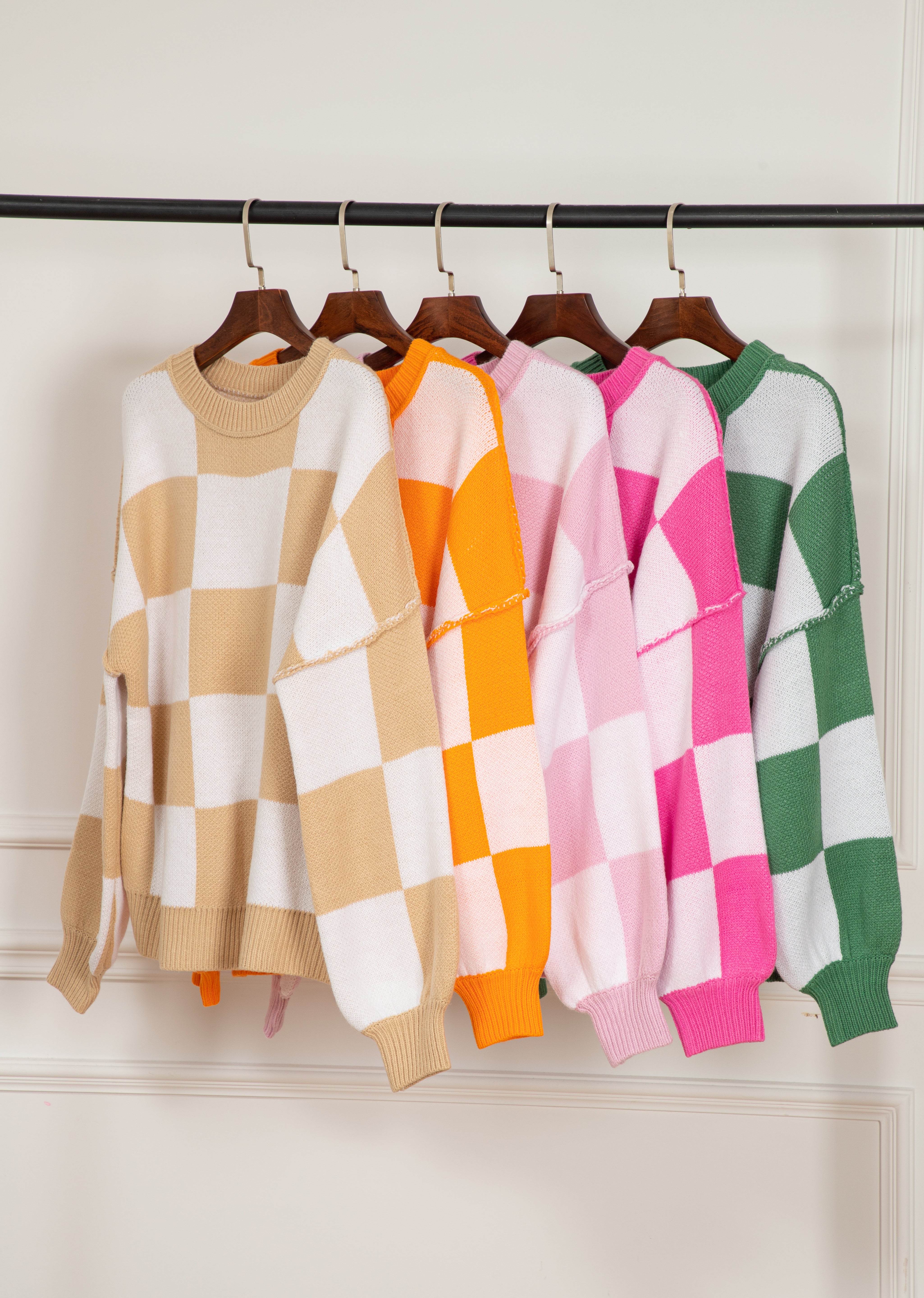 Checkered Bishop Sleeve Sweater | Sweaters Daverri Fashions