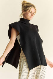 Black Davi & Dani Side Split Turtleneck Sleeveless Knit Sweater | Sweaters Daverri Fashions