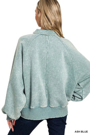 Zenana Acid Wash Fleece Collared Sweatshirt | Daverri Fashions