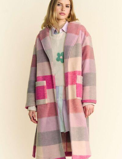 Hot Pink Multicolor M Davi & Dani Tied Color Block Collared Neck Coat | Outerwear Daverri Fashions
