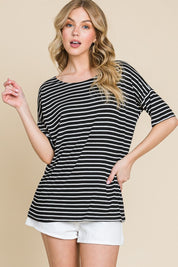 Black BOMBOM Striped Round Neck T-Shirt | Daverri Fashions