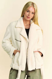 Cream Davi & Dani Faux Fur Zip Up Jacket | Daverri Fashions