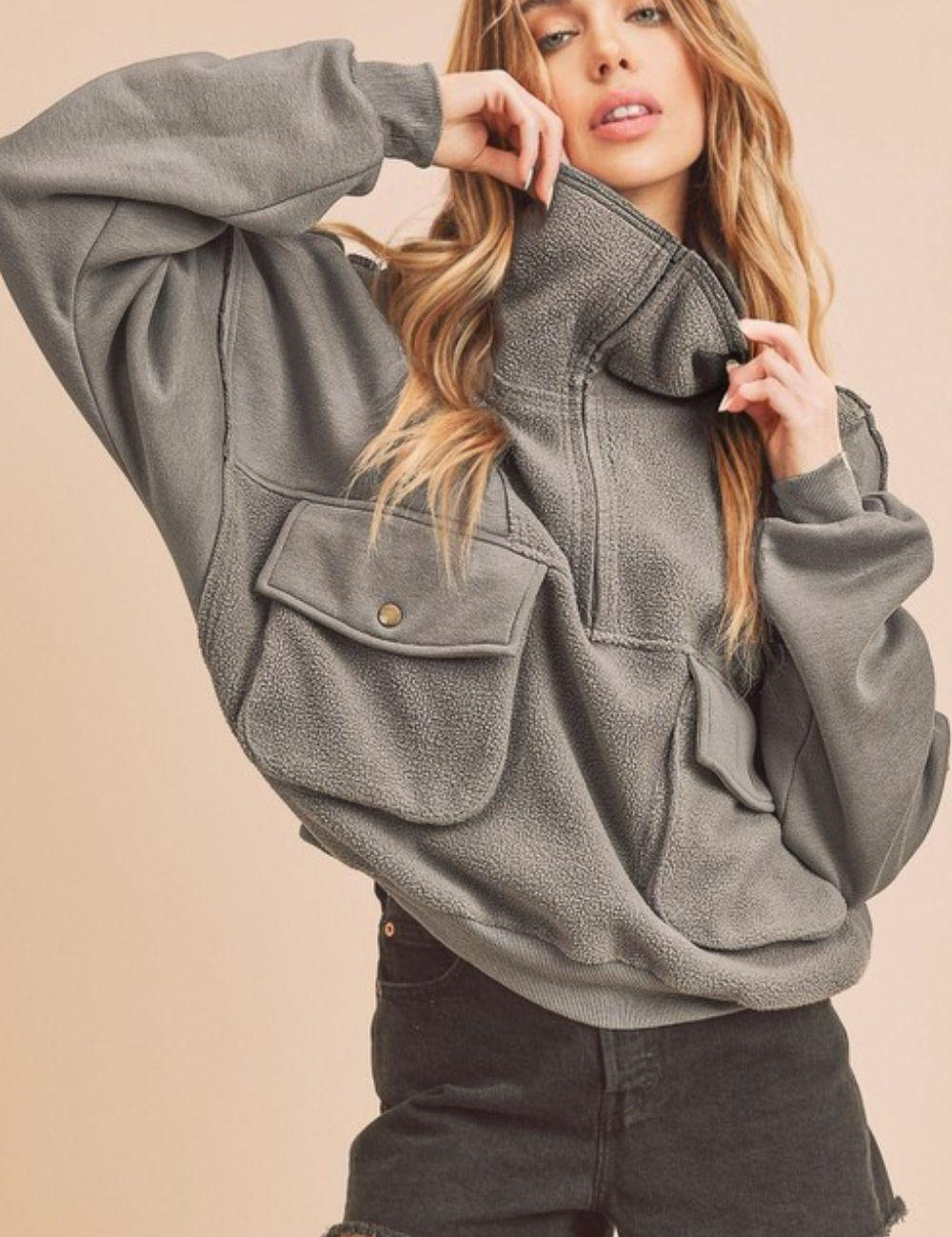 Aemi + Co Exposed Seam Half Zip Sweatshirt with Pockets | Sweatshirts Daverri Fashions