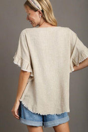 Umgee Full Size Raw Hem Ruffle Short Sleeve Blouse Plus Size | Blouses Daverri Fashions