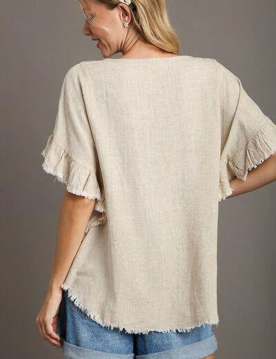 Umgee Full Size Raw Hem Ruffle Short Sleeve Blouse Plus Size | Blouses Daverri Fashions