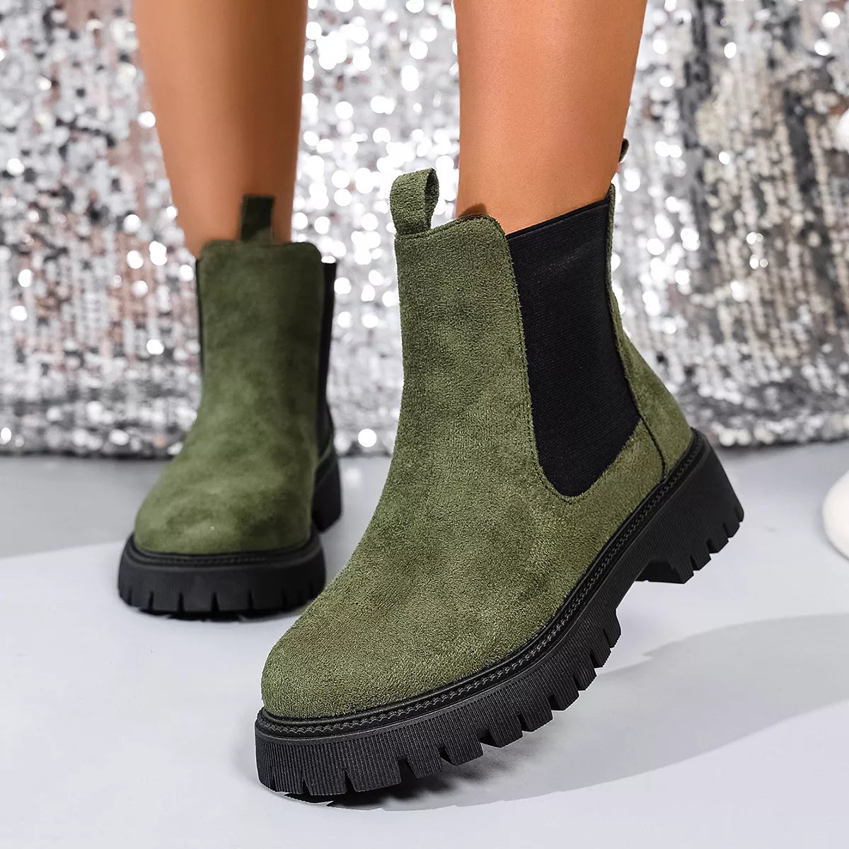 Green Elastic Side Panels Ankle Boots | Boots Daverri Fashions