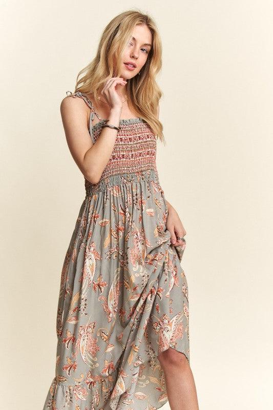 ADORA Smocked Printed Square Neck Tie Shoulder Cami Dress | Cami Dresses Daverri Fashions