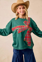 BiBi Plaid Ribbon Bow Detail Christmas Fleece Pullover | Sweatshirts Daverri Fashions