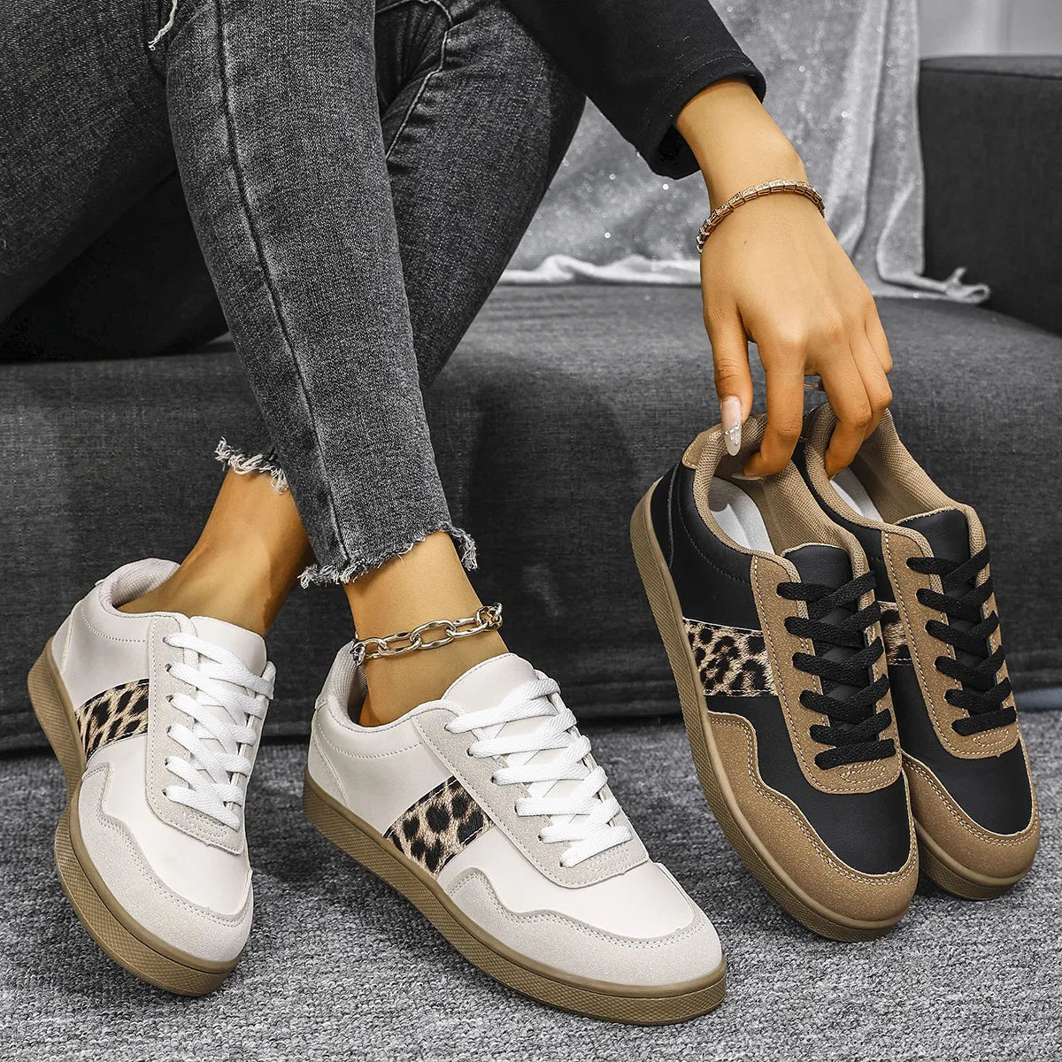 Leopard Lace Up Round Toe Sneakers | Sneakers Daverri Fashions