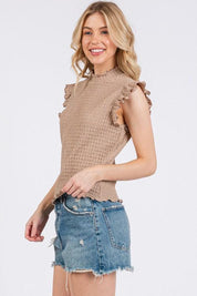 Ces Femme Texture Mock Neck Ruffle Cap Sleeve Blouse | Blouses Daverri Fashions