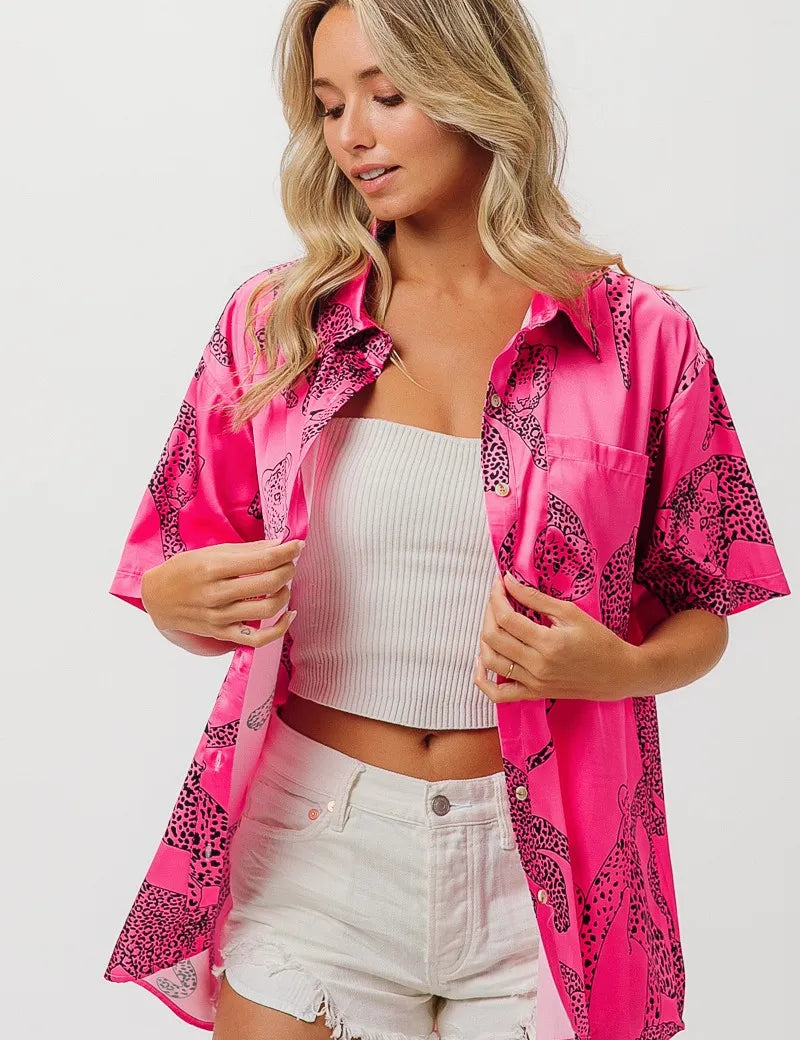 BiBi Leopard Print Short Sleeve Silky Satin Shirt Top | Tops Daverri Fashions