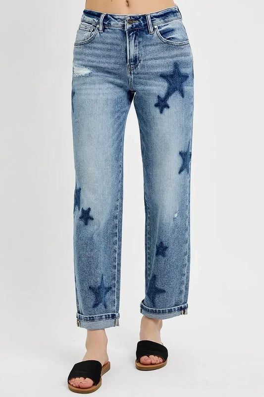 RISEN Full Size Mid Rise Boyfriend Star Shadow Detail Cuffed Jeans - DAVERRI FASHIONS