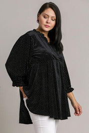Umgee Full Size Beaded Frill Flounce Sleeve Velvet Babydoll Blouse | Blouses Daverri Fashions