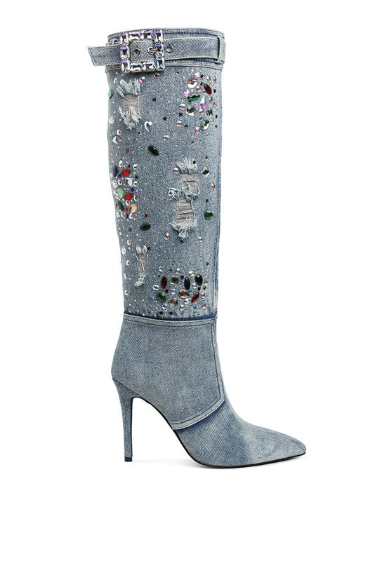 Cornik Multi Color Stones Denim Boots | Boots Daverri Fashions