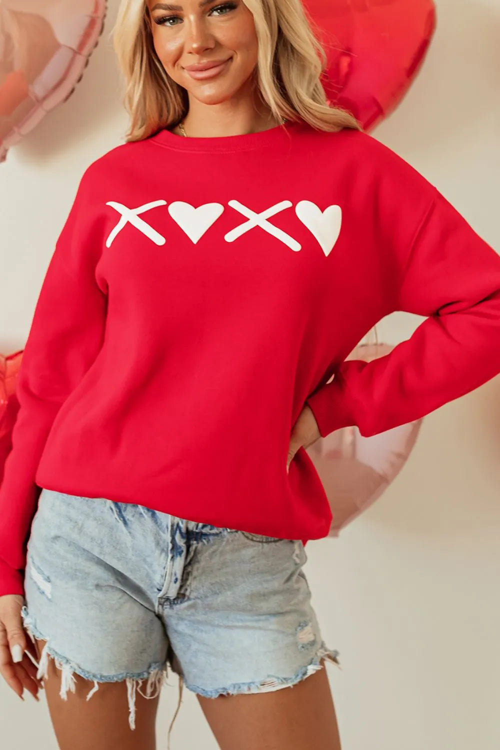 Valentine’s Day XOXO Round Neck Drop Shoulder Sweatshirt | Sweatshirts Daverri Fashions