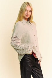 Davi & Dani Crochet Sleeve Crinkled Texture Shirt | Tops Daverri Fashions