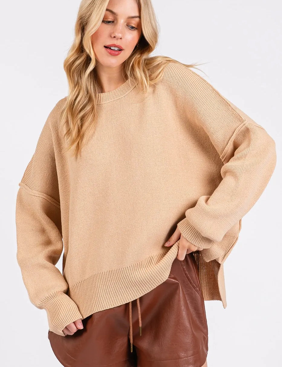 Tan Mittoshop Side Slit Round Neck Drop Shoulder Sweater | Sweaters Daverri Fashions